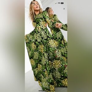 ASOS EDITION maxi dress with blouson sleeve and open back in yellow embroidery